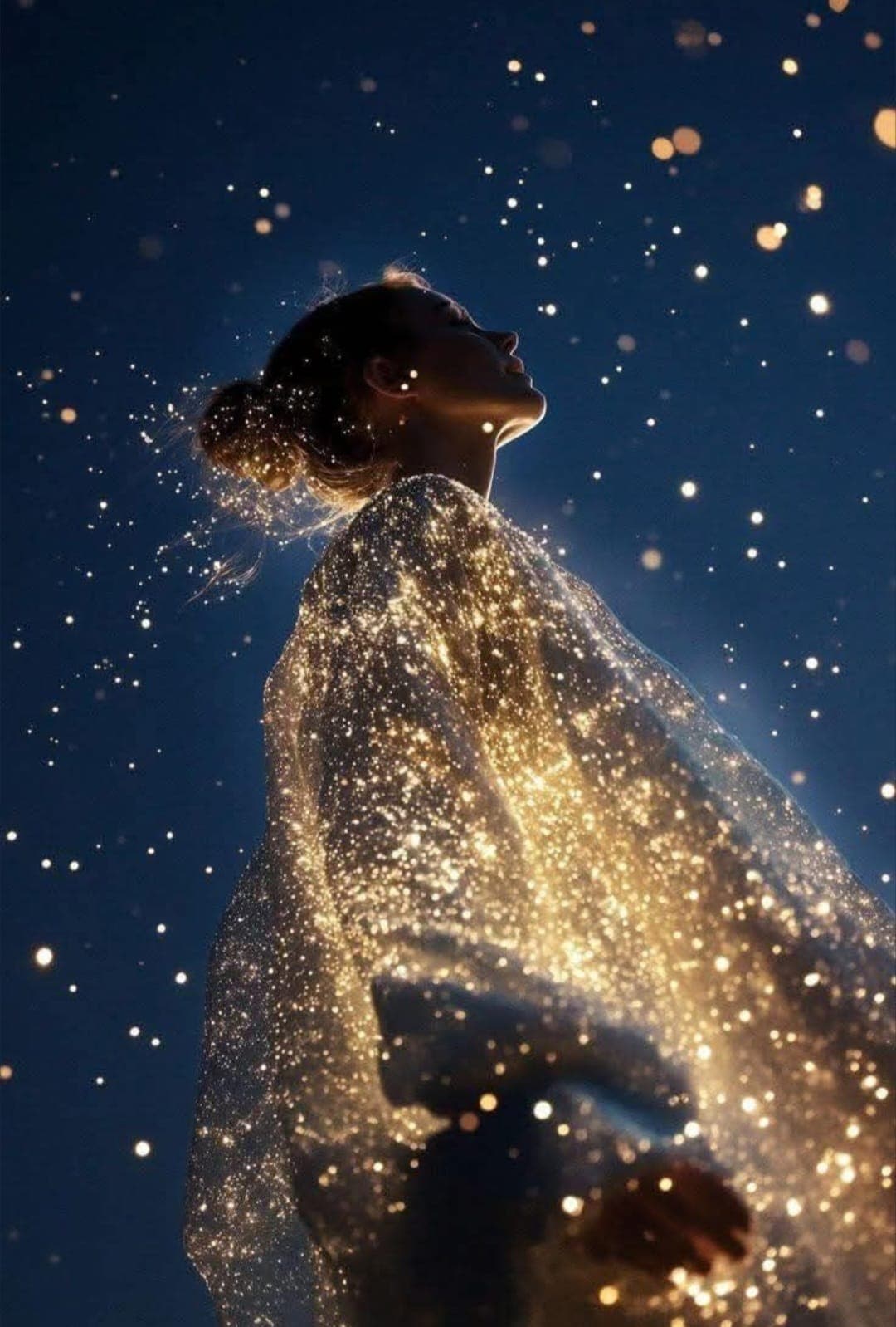 Femme silhouette dans une robe scintillante sous un ciel étoilé doré