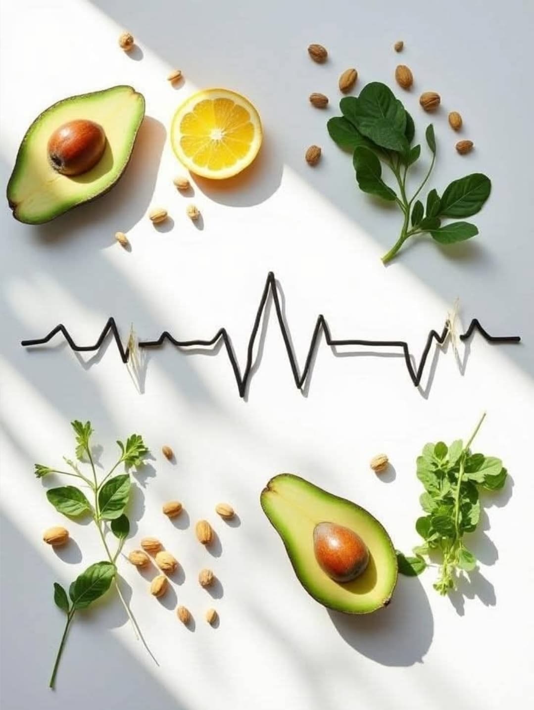 Avocats, agrumes et plantes disposés autour d'une ligne de battement de cœur